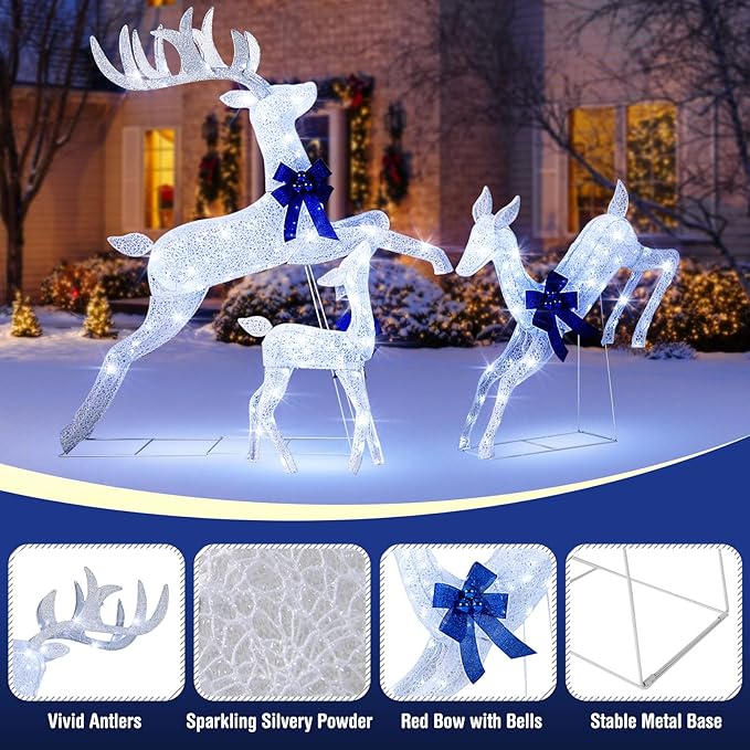 Tangkula 3 Pieces Lighted Christmas Reindeer, Holiday Reindeer Family Set with 255 Cold White Lights, Stakes, Indoor Outdoor Lighted Christmas Decoration for Lawn Yard Garden (White)