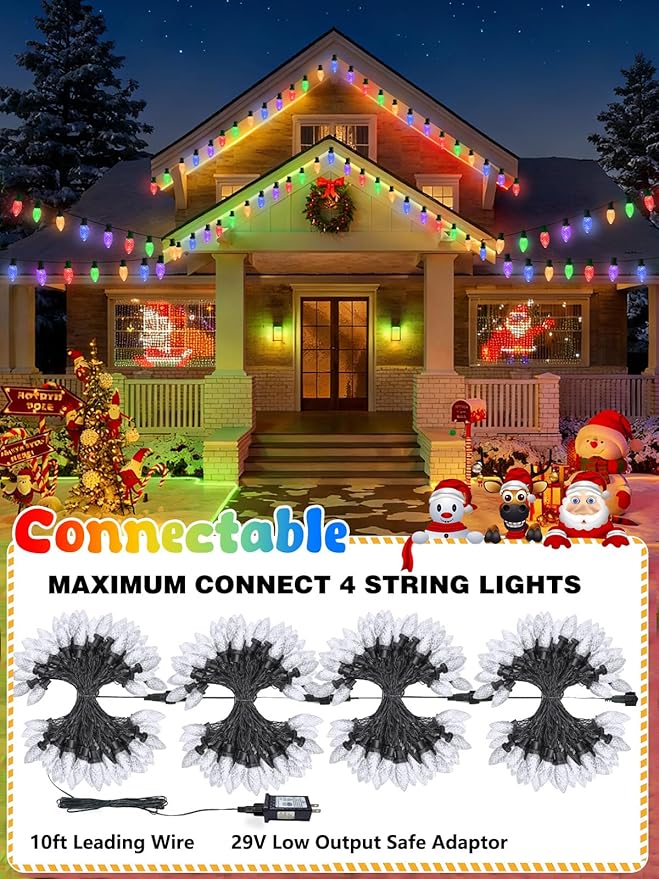 2-Pack Extentable C9 Christmas Lights Outdoor Indoor, 66 FT 100 LED Christmas String Lights Plug in with 8 Modes & Timer, Waterproof Fairy Twinkle Light for Xmas Tree Yard Decorations (Multi-Colored)