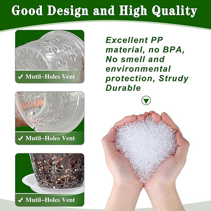 Orchid Pot, 8 Pack Orchid Pots with Holes & Saucers, Clear Plastic Pot for Repotting, Breathable Ventilation Planters for Phalaenopsis, Dendrobium & Oncidium Orchids(7 inch, Green)