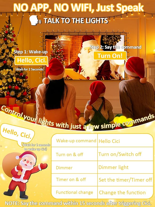 Voice Controlled Smart Christmas Lights Outdoor, 108.8ft 300 LED Extendable String Lights with 7 Voice Commands, 12 Modes & Timer, Waterproof Christmas Tree Lights for Party Garden (Warm White)