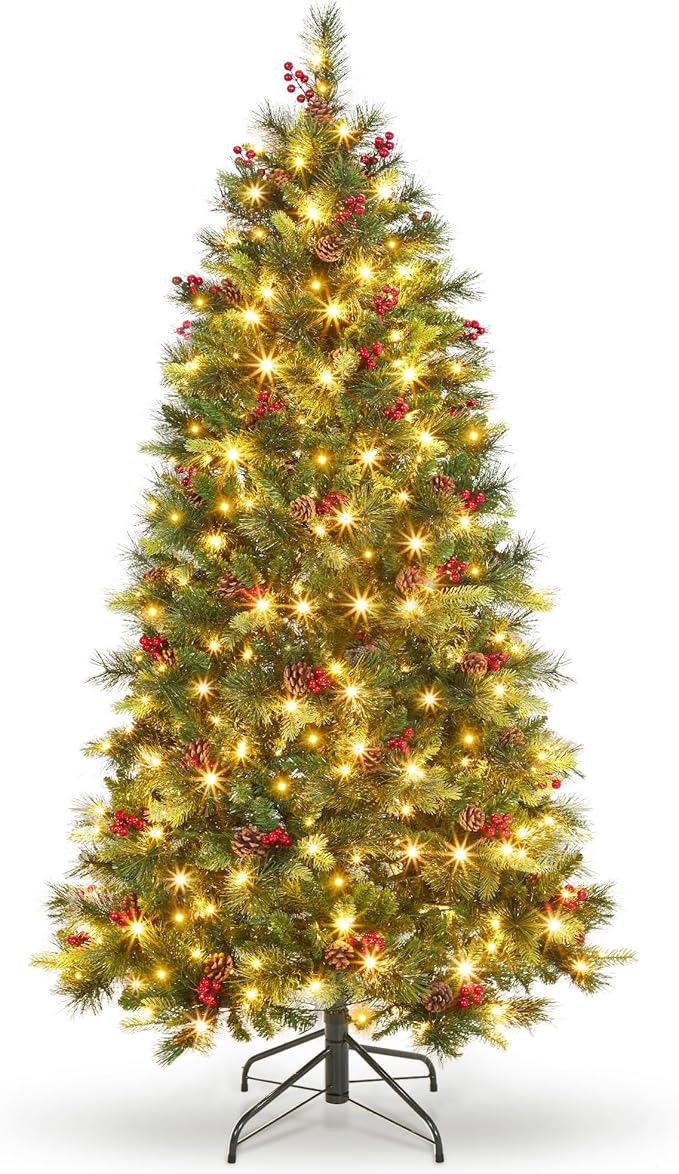 6 FT Pre-Lit Artificial Christmas Tree, Norway Spruce, 250 Warm White Light, Automatic Hinge Expansion, Artificial Christmas Pencil Tree with Pine Cones, Holly Berries & Stand, Green