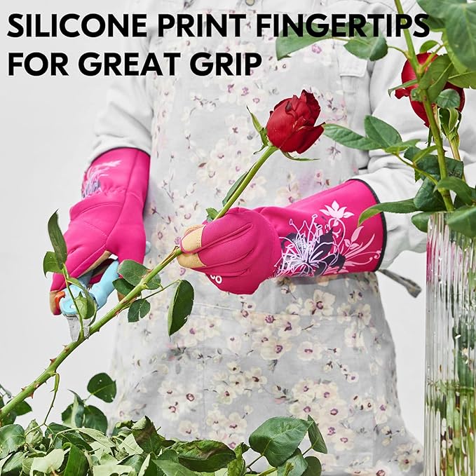 Vgo... 1-Pair Ladies' Synthetic Leather Gardening Gloves, Long Sleeves Gauntlet, Breathable & Grip Work Gloves, High Dexterity, Washable (Size S, Red, SL7445)