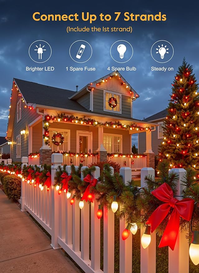 Vintage C9 LED Christmas Lights Outdoor, 100 Feet C9 String Light with 100 Shatterproof C9 Bulbs, Waterproof Connectable Christmas Tree Lights for Outside Roofline Patio Xmas Decor, Red & Warm White