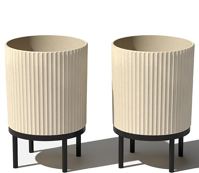 Veradek Demi Series Round Planter w/Stand for Porch/Patio | Durable Plastic-Stone Composite & Wooden Stand | Modern Décor for Tall Plants, Flowers