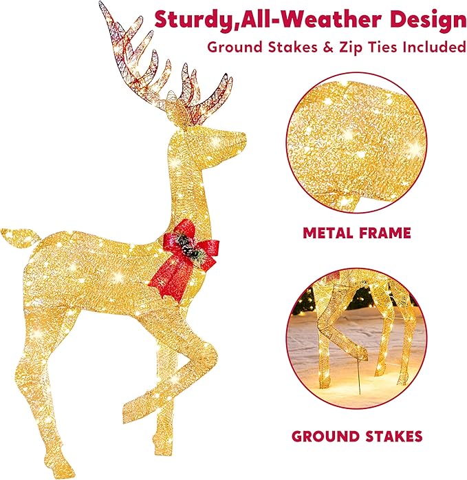 Joiedomi 3 Packs Christmas Decoration Deer Family, 360 LED Lighted Rattan Reindeers Yard Lights, Christmas Outdoor Decorations for Yard Garden Lawn, Xmas Decor, Golden Reindeer