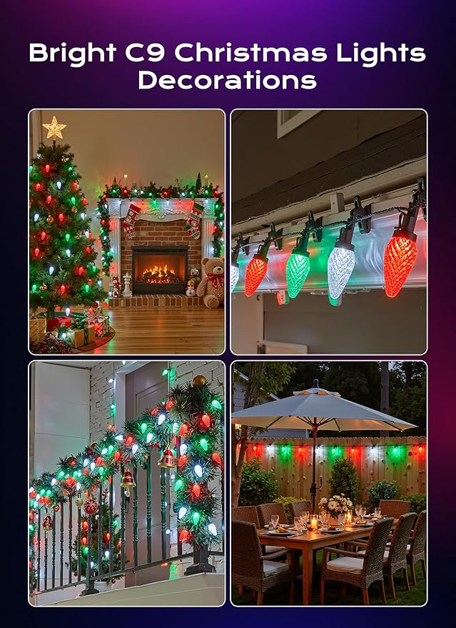 C9 Christmas Lights Outdoor, 66 FT 100 LED Connectable C9 String Lights with 8 Modes and Timer Xmas Tree Patio Roofline Garden Yard Holiday Party Indoor Outdoor Decoration, Red, Green and White