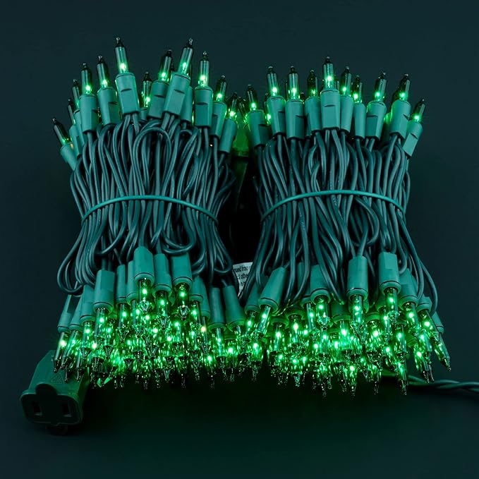 YULETIME 200 Green Christmas Lights, Pack of 2 Strands of 21 ft 100 Count UL Certified Incandescent Mini String Light (Green - Green Wire)
