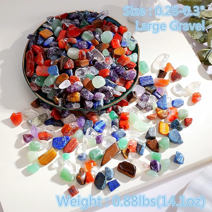 QINJIEJIE 400G 7 Chakra Crystals Tumbled Stones Polished Rocks Chips Stone Crushed Crystal Healing Natural Gem Gravel Home Decoration Aquarium Tank Plants Vase Filler Landscape Bottom Ornament 0.9lb