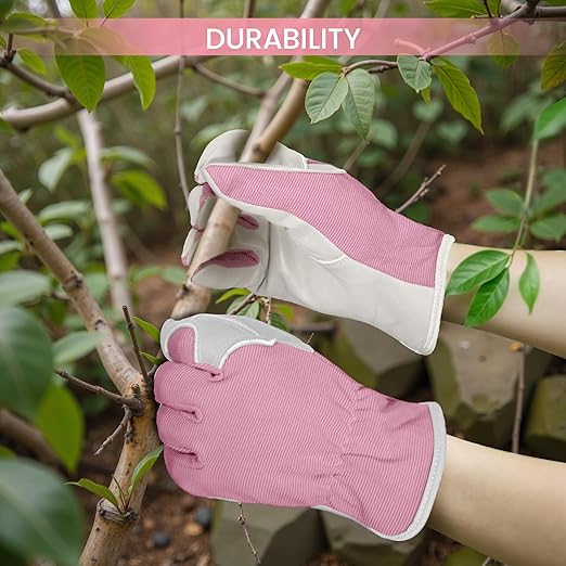 Gardening Gloves, Garden Gloves for Women and Men, Thorn Proof Working Gloves, Durable Leather Work Garden Gloves for Yard & Outdoor Work, Pink, L