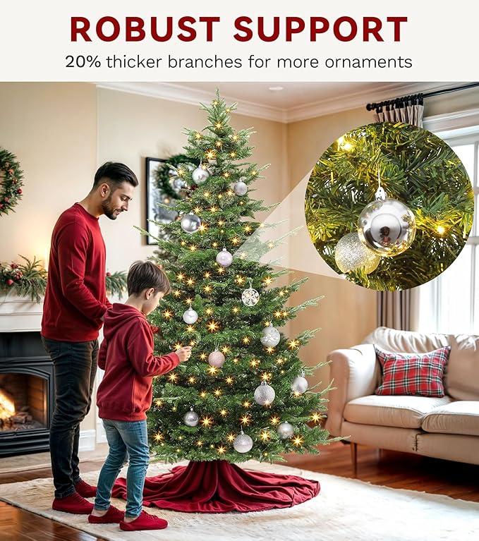 DWVO 7.5ft Aspen Fir Artificial Christmas Tree, Layered Christmas Tree with Crystal Embellishments, 1319 Mixed PE & PVC Branch Tips, 700 Lights, in a Vibrant Green