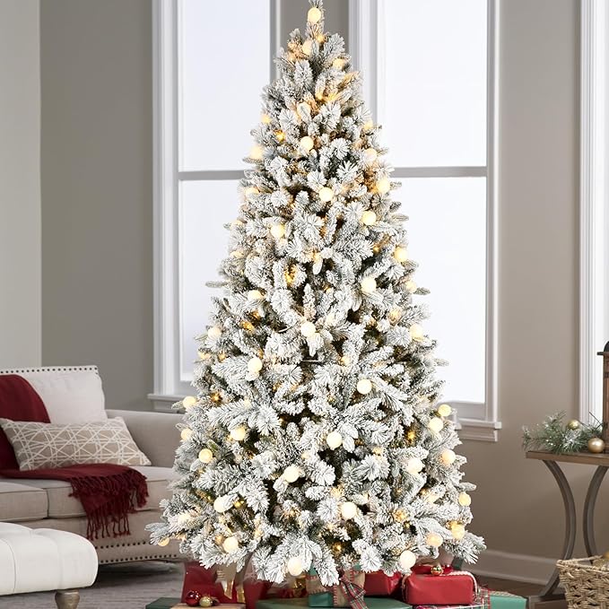 7.5FT Prelit Flocked Christmas Tree with 400 Two Color LED Lights and 45 Colorful Bauble Lights, 10 Flashing Modes, Pre Lit Artificial Christmas Tree with Snow and Memory Wire Technology for Holiday