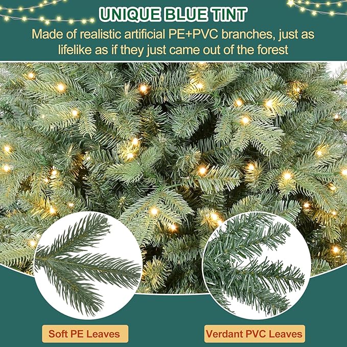 7 FT Prelit Artificial Skinny Christmas Tree,Blue Spruce Slim Pencil Xmas Tree with 1552 PE&PVC Mixed Branch Tips and 400 UL Listed Clear Lights,Hinged Pine Tree with Metal Stand for Home Office Décor