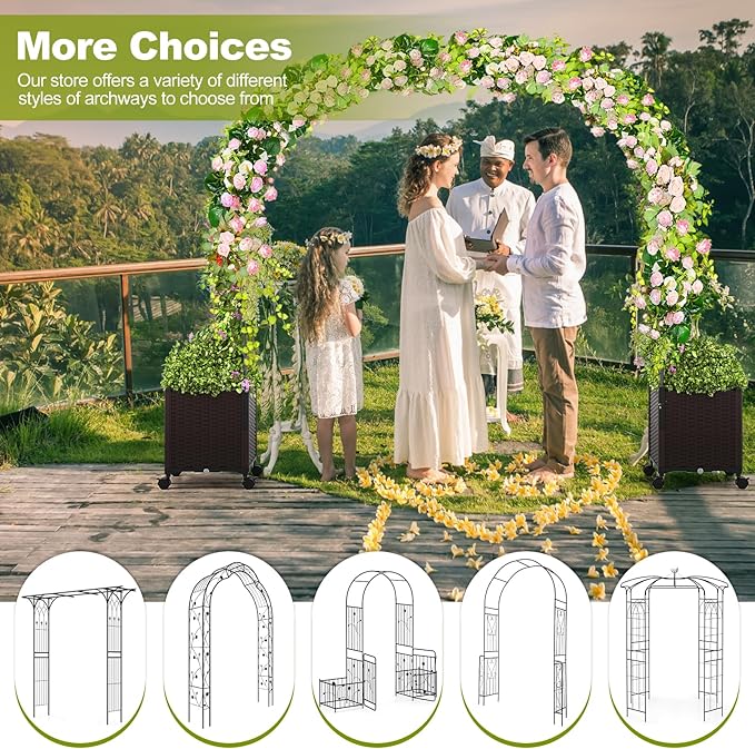 Happygrill 80" Garden Arch Trellis, Metal Archway Pergola with 2 Planter Boxes, Detachable PE-Coated Metal Tubes, Self-Watering System & Lockable Wheels, Outdoor Arbor for Climbing Plants