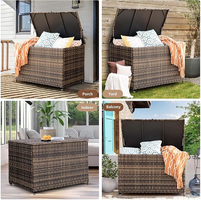 MEISSALIVVE 178 Gallon Outdoor Storage Box, Handle Large Portable Wicker Rattan Deck Box for Patio Furniture Cushions, Patio Deck Box with 2 WheelsThrow Pillows, Garden Tools and Pool Floats (Brown)