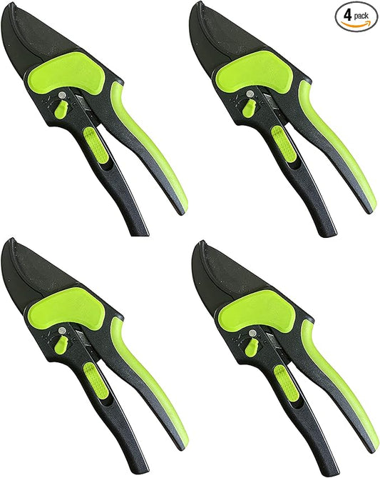 GARDEN GURU 2 in 1 Ratchet Pruning Shears Clippers – 4X Cutting Power – Ratcheting Garden Anvil Pruners Scissors - Ergonomic Grip - Makes Tough Cuts Easy - Great for Seniors & Arthritic Hands (4 Pack)