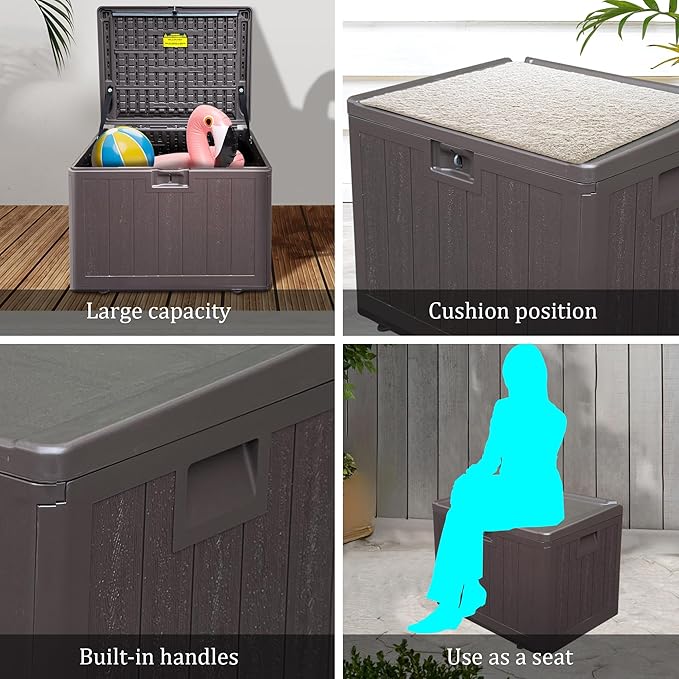 TARKARI Premium Pro Edition 35 Gallon Lockable Resin Deck Box, Waterproof & UV-Resistant Outdoor Storage Box for Outdoor Storage, Garden Tools & Pool Accessories Storage, Brown