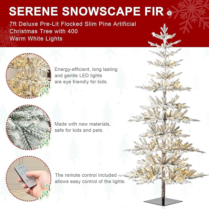 Glitzhome 7ft Deluxe Pre-Lit Flocked Artificial Christmas Tree Serene Snowscape Fir for Home, Office, Party Decoration with 400 Warm White Lights, Metal Hinges & Base, Easy Assembly