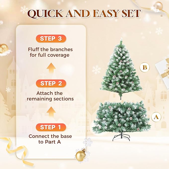 HOLLO STAR 4.5 ft Prelit Christmas Tree with 150 LED Lights, App Control, Artificial Christmas Tree, Multi-Color RGBW Lights, 330 Flocked Frosted Tips, 28 Pine Cones, Metal Base, for Home, Party