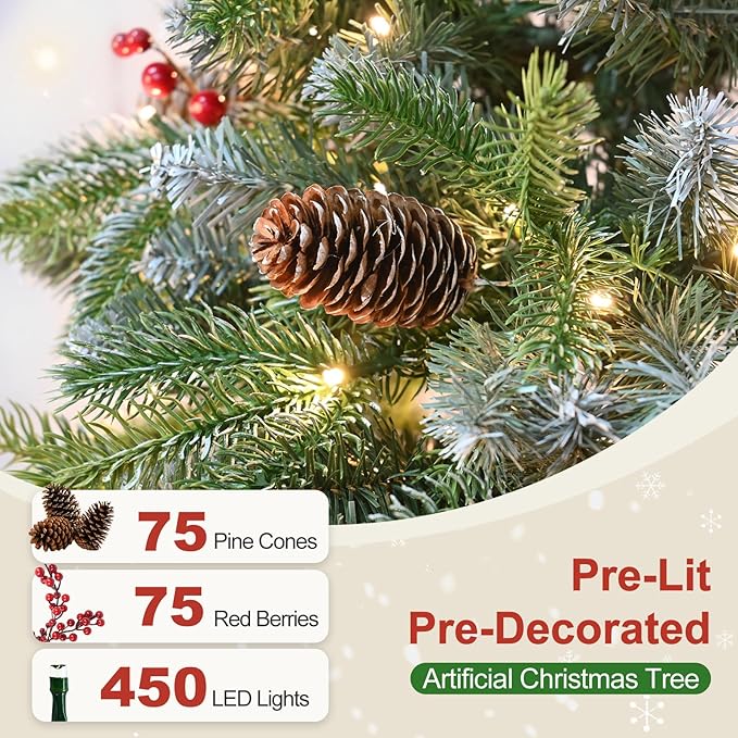 7Ft Pre-Lit Artificial Christmas Tree Fully Pre-Decorated with 2178 Flocked Frosted Tips, 75 Berries, 75 Pine Cones, 450 Lights, Realistic Xmas Tree with Metal Hinges& Floded Stand