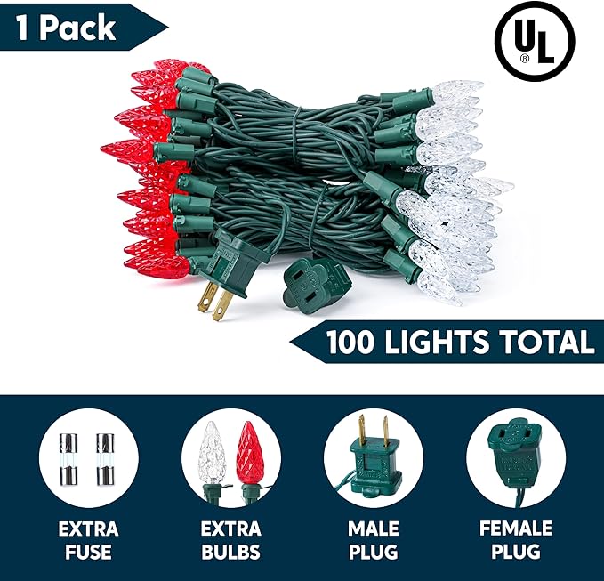 Joiedomi C6 Red & White Christmas Lights, 100 LED Steady On Strawberry Lights, 33.66 FT Connectable Christmas String Lights for Indoor Outdoor Party Home Yard Xmas Tree House Decorations, Green Wire