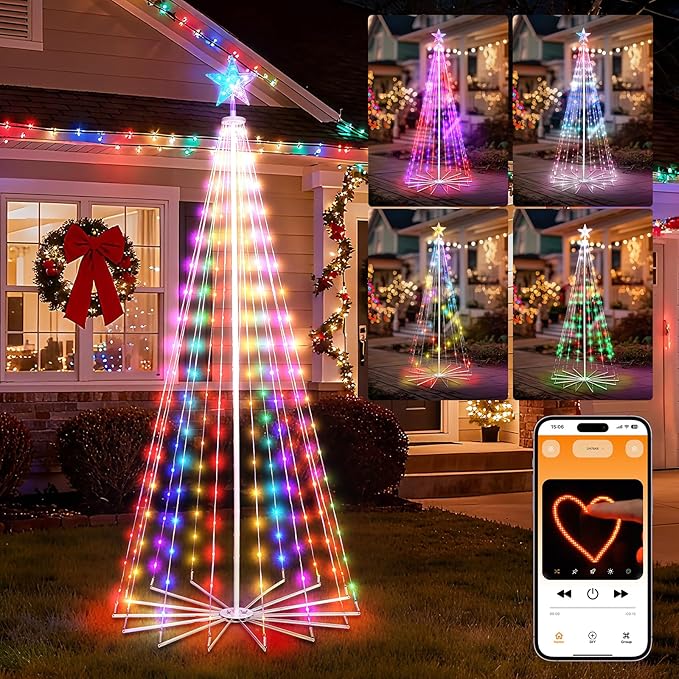 Christmas Cone Tree, 10FT 682 LEDs with Smart APP and Local Control, DIY Pattern and Text Displayable, IP65 Waterproof RGB Outdoor String Lights for Porch Yard Indoor Outdoor Decorations