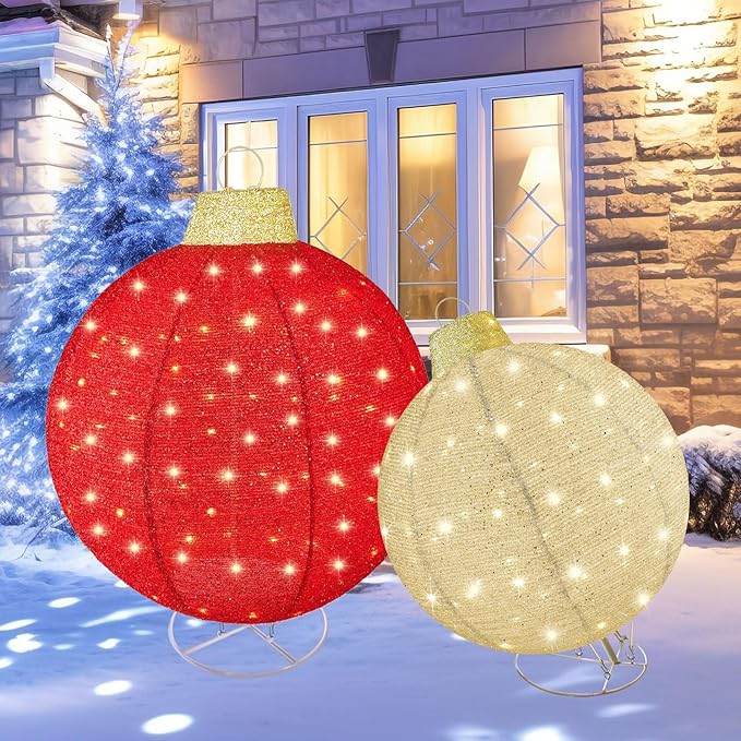 HOYECHI 2pc Lighted Pop-Up Outdoor Christmas Ornament Set – Holiday Ball Decorations with 200 LED Lights, 8 Lighting Modes, for Yard & Outdoor Christmas Decor - Red/Gold