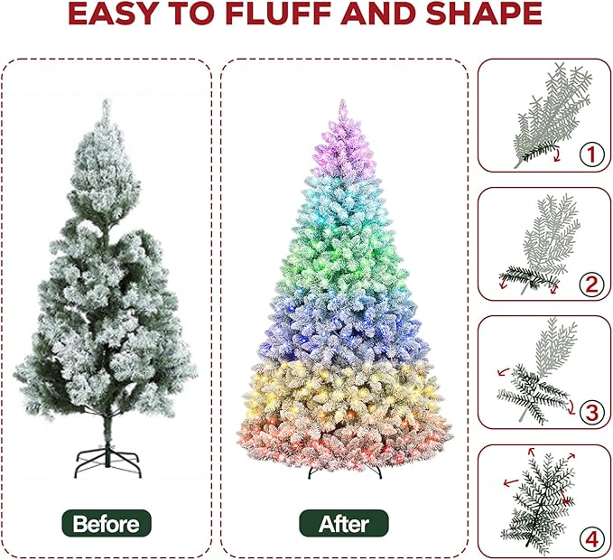 Hykolity 6ft Pre-lit Flocked Christmas Tree with Remote Control, 250 Multi-Color RGB Lights,1032 PVC Branch Tips, 15 Mode Artificial Hinged Christmas Tree for Home