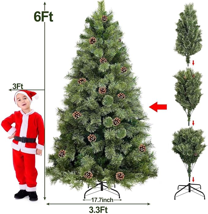 6 Ft by 40" Prelit Full Smoky Pine Christmas Tree with 200 Warm White & Colorful Change Lights Timer,555 Thick Mixed Branch Tips,33 Pinecones,8 Mode,Metal Stand,Hinged Tree Artificial Xmas Tree Decor