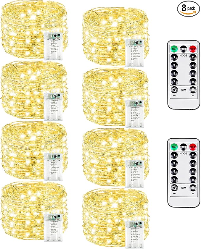 8 Pack Christmas Fairy Lights Battery Operated with Remote, 20FT 60LED Waterproof Twinkle Lights with Timer, String Light Indoor & Outdoor for Bedroom Wedding DIY Christmas Decoration(Warm White)
