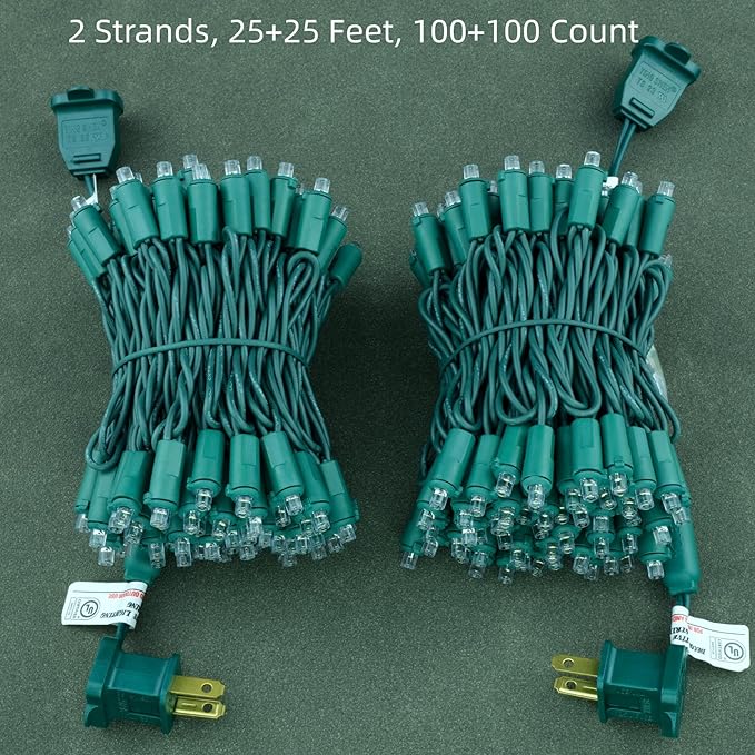 YULETIME Warm White Wide Angle LED Christmas Lights 200 Count 50 ft, Pack of 2 Strands 25 ft 100 Lights UL Certified String Light Set (Warm White)