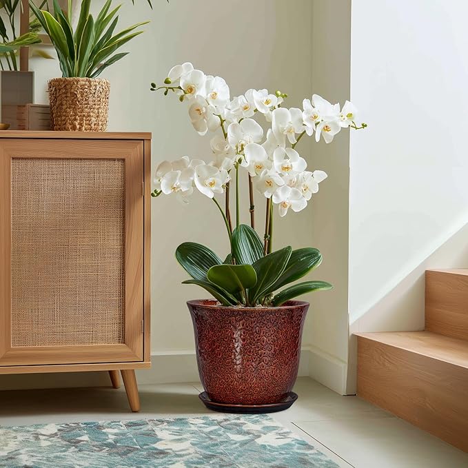 Ceramic Pots for Plants - 12 Inch Plant Pot for Indoor Outdoor, Round Planter with Drainage Hole and Saucer, Large Decorative Planters, Modern Flower Pot, Office Decor, Garden Gifts, Red