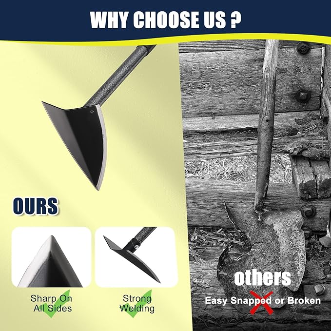 Extra-Sharp Triangular Hoe - Heavy Duty Gardening & Construction Tool with 15"-60" Adjustable Stainless Steel Pole, Detachable Design for Digging, Weeding, Trenching