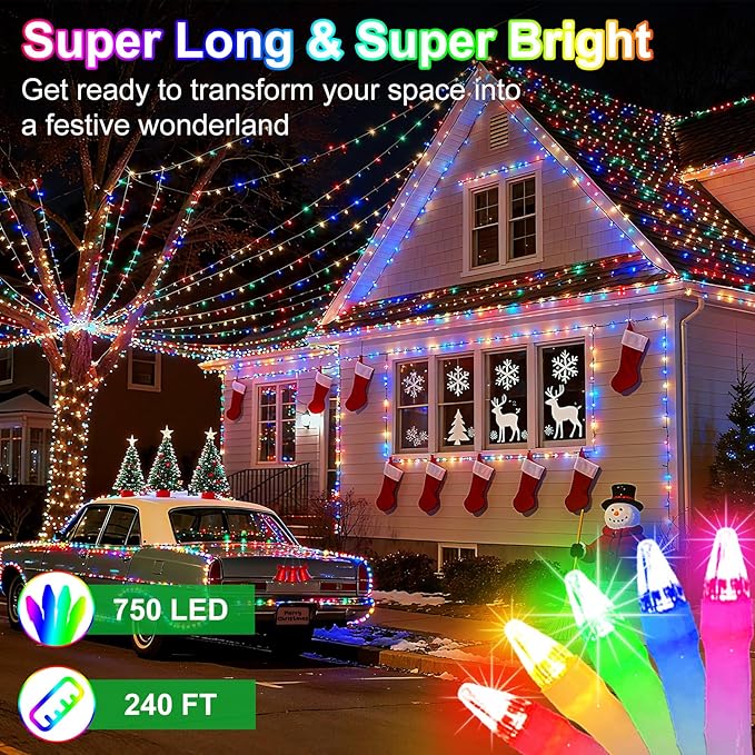 750 LED 240FT Christmas String Lights Outdoor, 12 Pro Modes and Timer Memory & Brightness, Plug in Outdoor Waterproof Clear Wire Twinkle Light for for Xmas Yard Tree Wedding Party Decor (Multicolor)