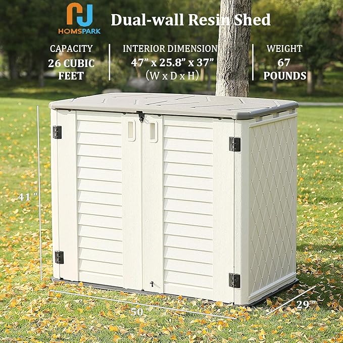 HOMSPARK Storage Shed Weather Resistance, Multi-Purpose Outdoor Storage Cabinet for Backyards and Patios, 26 Cu.ft Capacity Horizontal Storage Shed for Bike, Lawnmower, Trash Cans, Patio Accessories