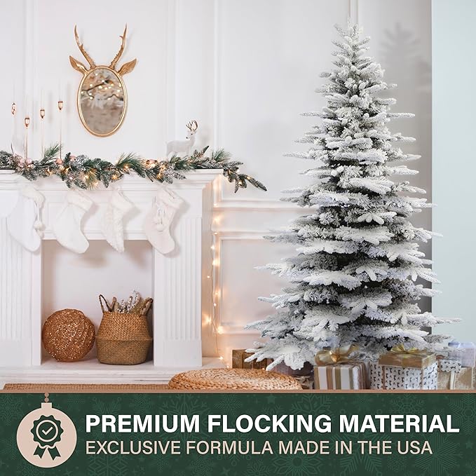 Fraser Hill Farm 7.5-ft. Pine Valley Flocked Christmas Tree, Huge Fake Christmas Tree with No Lights, Unlit Snowy Artificial Christmas Tree, Festive Indoor Holiday Decoration