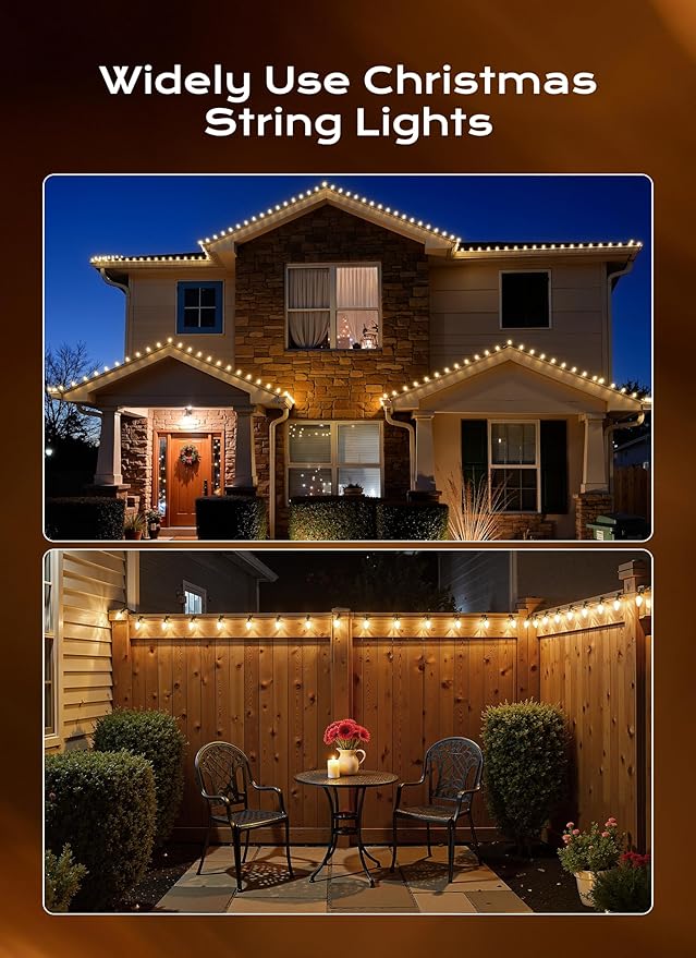 C9 Christmas Lights Outdoor, 33 FT 50 LED Connectable C9 String Lights with 8 Modes and Timer Extendable Xmas Tree Patio Roofline Garden Yard Holiday Party Indoor Outdoor Decoration, Warm White