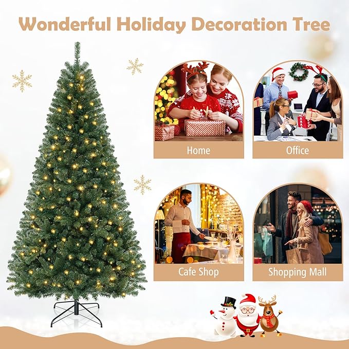 GOFLAME 8FT Prelit Artificial Christmas Tree, Hinged Xmas Tree with 1182 Branch Tips, 400 Warm White LED Lights, 8 Lighting Modes, Holiday Decoration Tree for Home Office Party