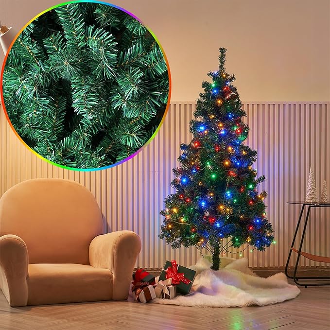 Juegoal 5 FT Artificial Christmas Tree (NOT Pre-Strung) with Remote Control, 200 LED Warm White & Multicolor Changing Lights, Fake Xmas Pine Tree with Metal Legs, 550 Branch Tips, Green