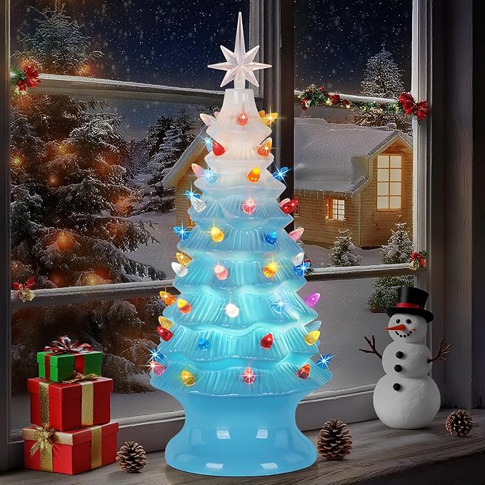 Lakumu 16.5" Table Top Christmas Tree, Hand Painted Resin Christmas Tree with Lights, Pre-lit Xmas Tree Decor Lighted Tabletop Decoration with Multicolored LED Bulbs, Ceramic-Like Finish, Blue
