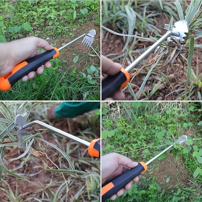 Weed Removal Tool, 2025 New Garden Weeding Tools Manganese Steel Hand Weeder Tool with Handle, 5 Teethes Dual Purpose Manual Weeders Tool Weed Pulling Tool for Garden (Rubber Handle)