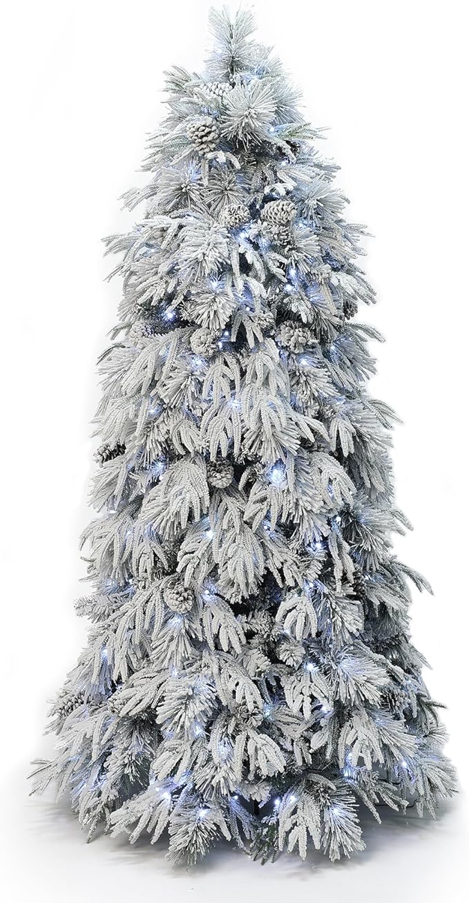 LuxenHome 6FT Flocked Artificial Christmas Tree, Downswept Branches Prelit Christmas Tree Flocked with Feather Accents, Pinecone and 260 LED Lights, 1817 PE+PVC Tips, Xmas Tree Holiday Decor