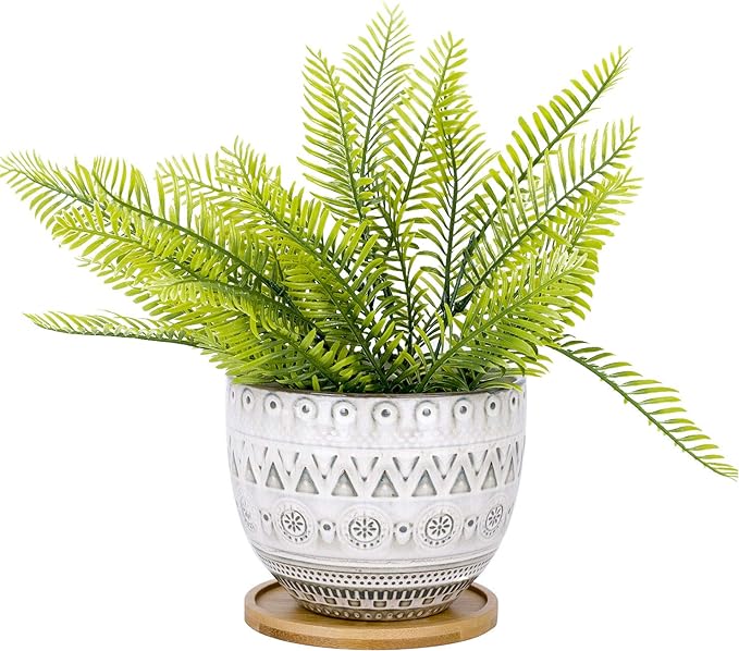VanEnjoy 5.6 inch Large Round Bohemian Style Ceramic Planter, Geometry Engrave Off White Brown Succulent Planter Flower Pot, Indoor Outdoor Decorative Planter