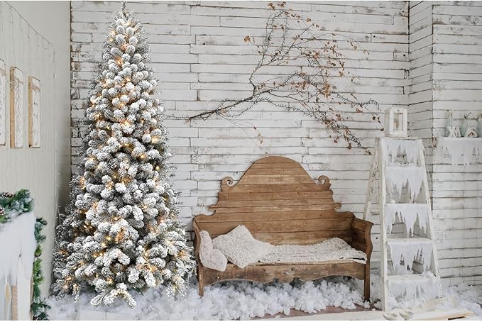 Fraser Hill Farm 7.5-Ft. Alaskan Pine Flocked Artificial Christmas Tree with White Incandescent Smart Lights and Stand, Prelit Foldable Fake Tree with Realistic Snowy Foliage for Home Decoration