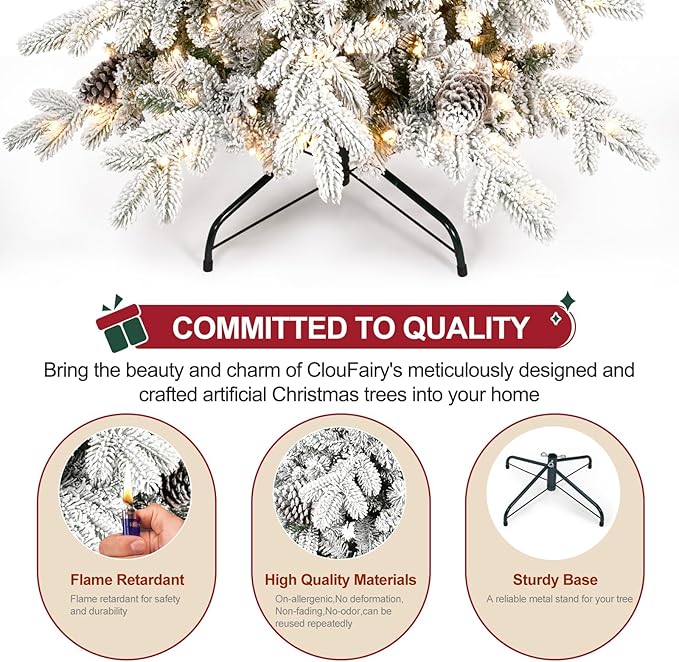 7.5 FT Pre-Lit Snow Flocked Slim Fir Christmas Tree with 1424 PE & PVC Mixed Branch Tips,Artificial Skinny Pencil Xmas Tree with 900 Warm-White Lights & 40 Pine Cones,Hinged Pine Tree with Metal Stand