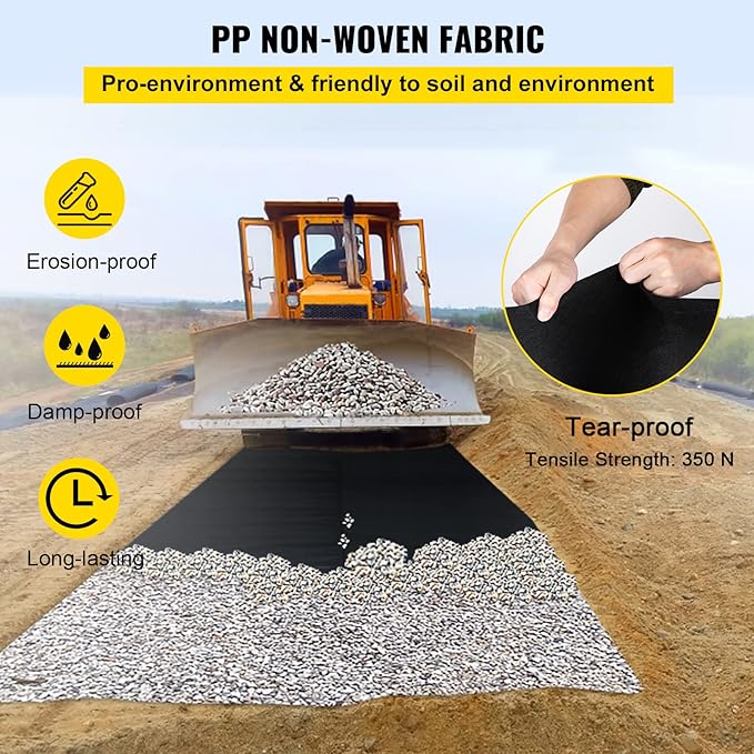 VEVOR Geotextile Landscape, 15ft x 20ft 4 oz Non-Woven PP Drainage 350N Tensile Strength & 440 N Load Capacity, for Ground Cover, Garden Fabric, French Drains, Black