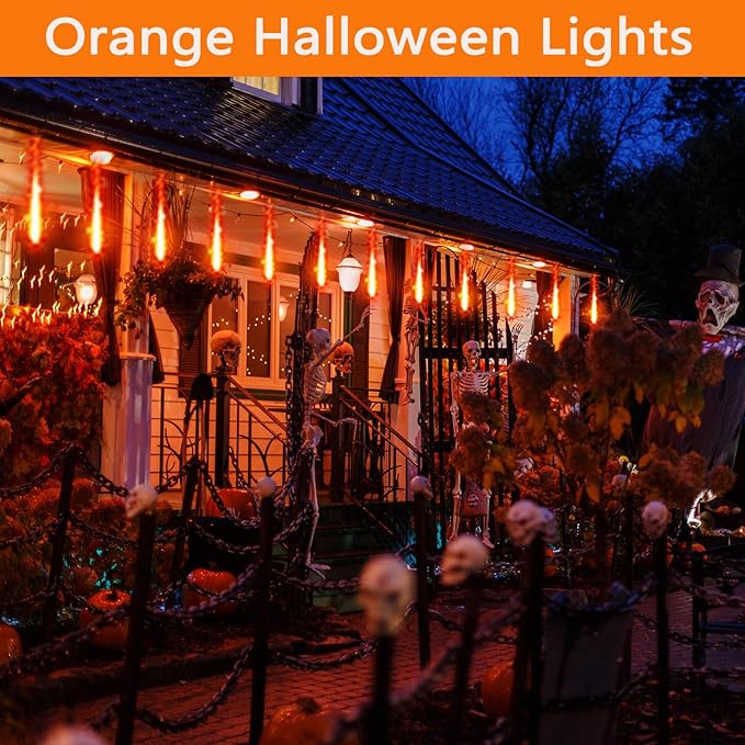 Kwaiffeo Outdoor Halloween Decorations, 24 Tubes Meteor Shower Lights(Equivalent to 3 Sets of 8-Tube) for Halloween Decoration Outside, Orange Lights for Tree Fall Autumn Decor, UL Plug