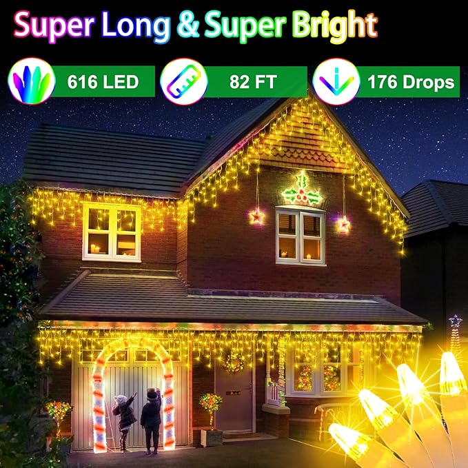 82FT LED Christmas Lights Outdoor with 176 Drops, Christmas Decorations Hanging Lights 616 LED 8 Modes, Outsite Fairy String Lights for Wedding Party Holiday Winter Wonderland Decorations Warm White