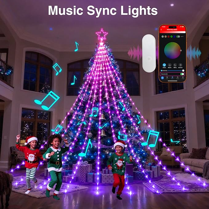 Probro 12ft Outside Waterfall Christmas Tree Lights, App Remote-Controlled RGB Christmas Shooting Star Lights with Music Sync, 85 Dynamic Effects & DIY Mode for Outdoor Xmas New Year Yard Decor