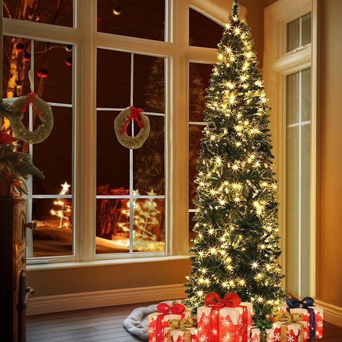 Dual Color Change&Timer 6Ft Prelit Artificial Slim Christmas Tree, 240 Warm White&Colored Lights, 658 Thick Branch Tips, 8 Mode, Fire-Resistant, Metal Stand, UL Plug, Hinged Christmas Xmas Tree Decor