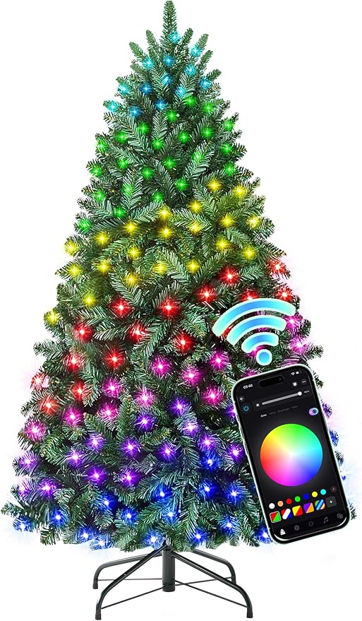 HOLLO STAR 4.5 ft Prelit Christmas Tree with 197 LED Lights, App Control, Artificial Christmas Tree with Multi-Color RGBW Lights, 400 Branch Tips, Metal Base, Easy to Assemble, for Home, Party